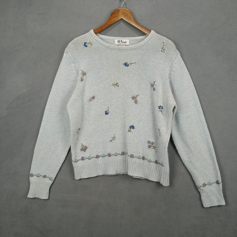 All Points By Reference Point Sweater Womens Large Light Blue Floral Embroidered